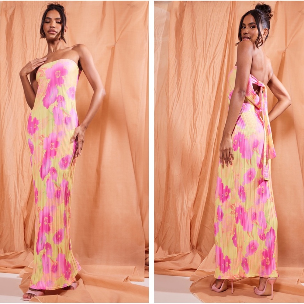 Multi Floral Print Plisse Bandeau Cowl Back Maxi Dress